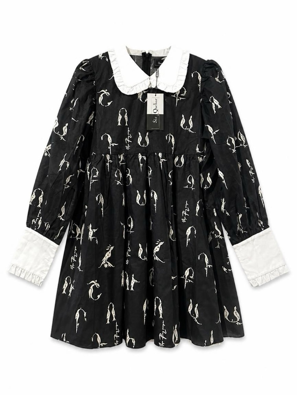 Womens Black & White Peter Pan Collar Dress with Bird Print